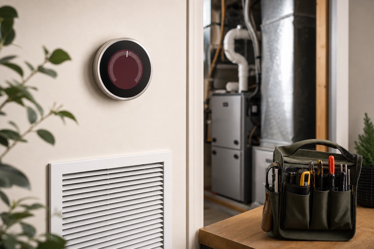 Thermostat, air return, and HVAC service tools in a home